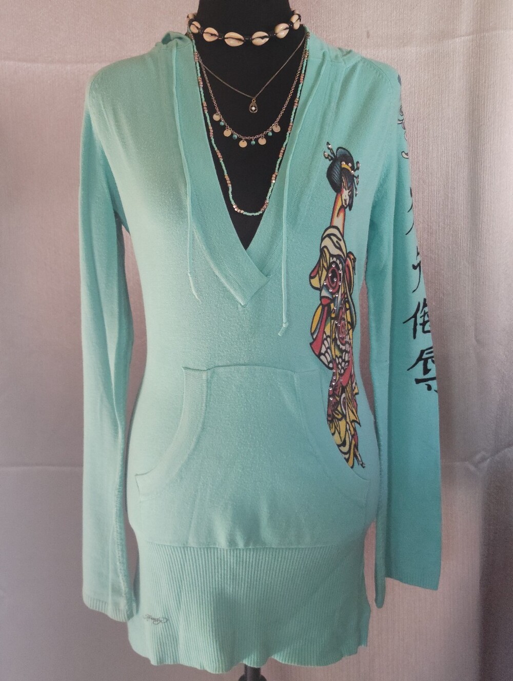 Aqua Graphic V-Neck Hoodie Tunic
